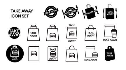 Vector Isolated Take Away Icon Set or Collection. Black and White Take Away Food Icon Set