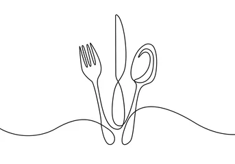 Poster  Continuous One Line Drawing. Spoons, Forks, Knife, Eating Utensils. Cooking Utensils Line Art Style for Logos, Business Cards, Banners. Black and White Minimalist Vector illustration © Наталья Дьячкова