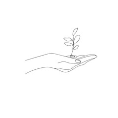 Hand with Leaves Line Art Drawing. Ecology Symbol. Minimalist Trendy Contemporary Design Perfect for Wall Art, Prints, Social Media, Posters, Invitations, Branding Design.