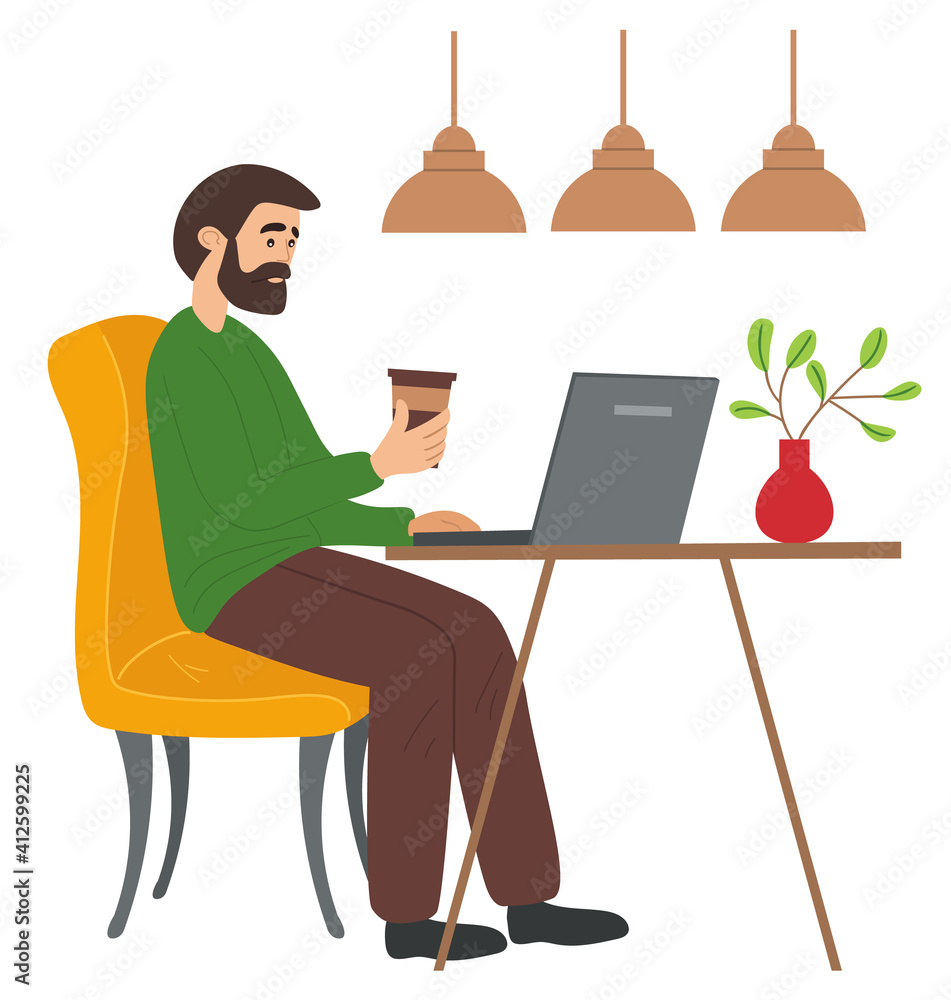 Poster bearded man sits in cafe with a cup of coffee and surfs the internet using a laptop. social networki