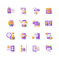 Mobile banking service vector flat color icon set. E wallet personal account management. Transfer funds. Cartoon style clip art for mobile app pack. Isolated RGB illustration bundle