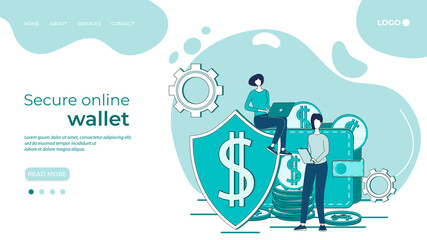 Secure online wallet.The concept of secure online banking.People on the background of a large wallet and a shield protecting them.secure online payments and transactions.flat vector illustration.