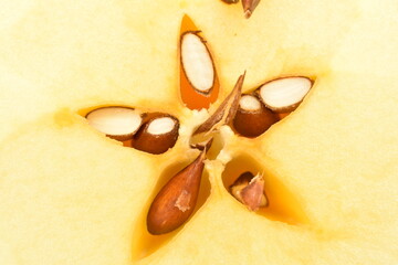 Portion of ripe organic, juicy, fragrant apple in a cut, close-up, on a white background.