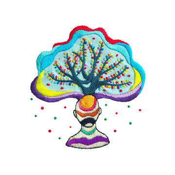 human flower tree head grow bloom blossom in nature abstract chakra mind mental health spiritual brain imagine inspiring therapy meditation healing art illustration hand embroidery digital collage