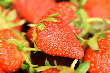 Bright red ripe strawberries with green ponytail, close-up, on a black background.