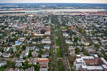 Aerial view over Napoleon Avenue in New Orleans, Louisiana with the Mississippi River in the distance in 2006, about a year after Hurricane Katrina