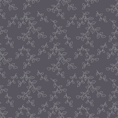 Vector seamless pattern with leaves and branches on gray background.