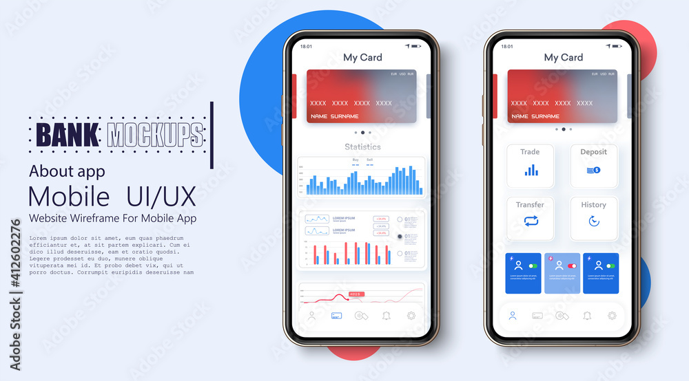 Poster online banking app concept design. ui, ux, gui set with wallet. banking app landing page. mobile pay