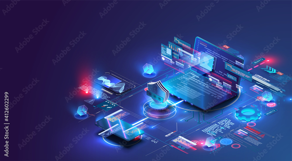 Poster Isometric digital protection mechanism, system privacy. Online file server protection system concept with computer and lock (shield) . Web page design templates Cybersecurity. Vector isometric