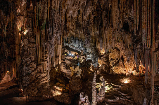 View of the cave with the largest stalactite in the world. The famous Nerja Caves close to Málaga in Spain.