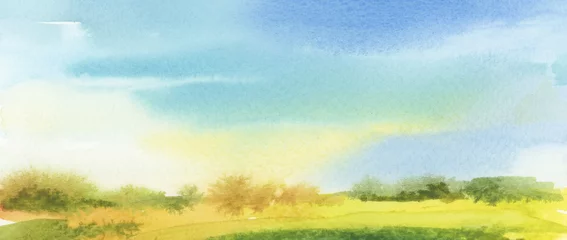 Schilderijen op glas Summer (autumn) landscape . Abstract watercolor and acrylic flow blot smear painting. Color canvas texture horizontal background. © Liliia