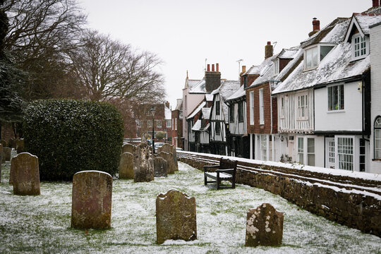 Snowy churchyard in Rye, East Sussex, England