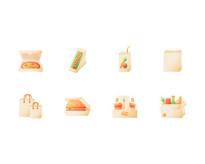 Take away fast food vector flat color icon set. Pizza in box. Sandwich in wrapping. Coffee and burger. Take out delivery. Cartoon style clip art for mobile app pack. Isolated RGB illustration bundle