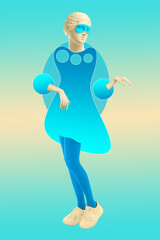 Collage with woman and plaster antique sculpture of human face in a pop art style. Modern creative concept image with ancient statue head. Zine culture. Contemporary art poster. Funky minimalism.