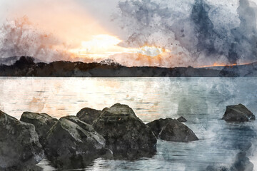 Digital watercolor painting of Stunning landscape image of Milarrochy Bay on Loch Lomond in Scottish Highlands with stunning Winter evening ligh