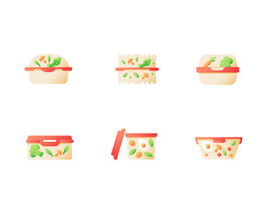 Healthy ready meal for take out vector flat color icon set. Cafe dinner for take away. Vegetarian food delivery. Cartoon style clip art for mobile app pack. Isolated RGB illustration bundle