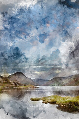 Digital watercolor painting of Beautiful late Summer landscape image of Wasdale Valley in Lake District, looking towards Scafell Pike, Great Gable and Kirk Fell mountain range