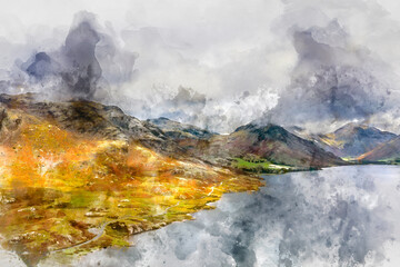 Digital watercolor painting of Beautiful drone view over Lake District landscape in late Summer, in Wast Water valley with mountain views and dramatic sky