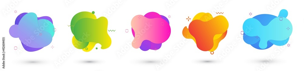 Poster set of isolated blue and red fluid blobs, gradient green and violet liquid spots. abstract brush spa
