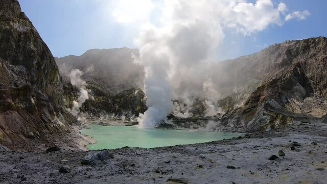 Steam rising from White Island (Whakaari) stratovolcano crater lake fumaroles, 18 days before December 2019 eruption