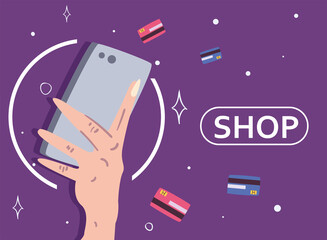 hand holding smartphone with credit cards vector design