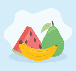 watermelon, pear and banana, flat style