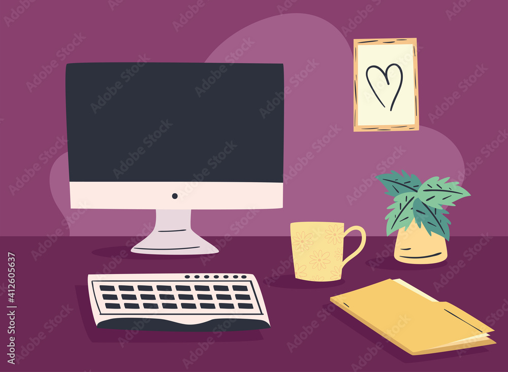 Aufkleber workplace desk with computer and file vector design