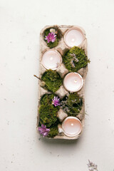 Fototapeta na wymiar DIY Easter. Candlestick from eggshells on a white background with flowers and moss. Vertical photo. Copy space