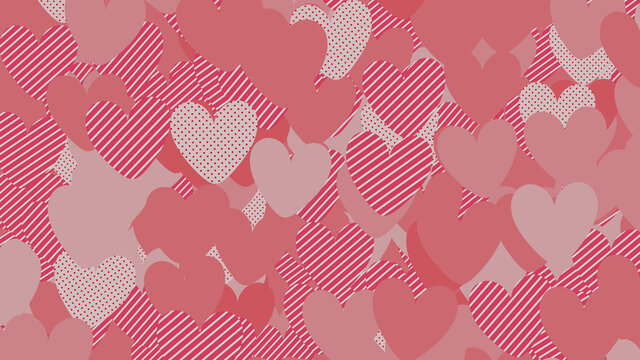 Multicolored Heart pattern background. Valentine Wallpaper with Pink, Striped and Polka Dot love hearts.