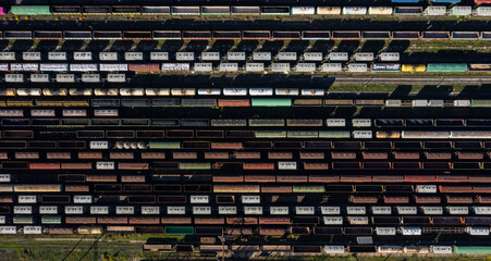 Aerial Top view to trains railway industrial cylindrical tank shipping containers Rail way art Artistic composition railroads and freight trains to transport cargo. Creative banner horizontal image