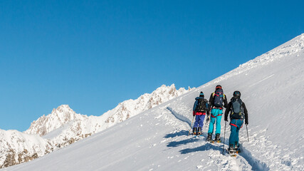 Fototapeta na wymiar Splitboard / Snowboard freeride near the Grands Montets, Chamonix, French Alps, France