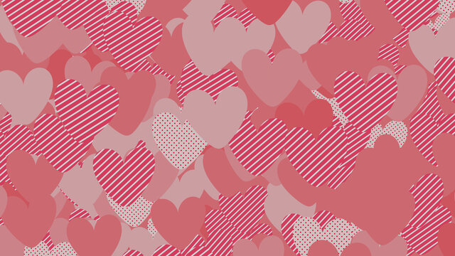 Multicolored Heart pattern background. Valentine Wallpaper with Pink, Striped and Polka Dot love hearts.