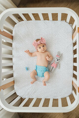 Baby and toy lying in cradle