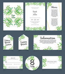 Set of Wedding invitation Vector illustration. card template. Wedding invitation, thank you, save the date, menu, information, RSVP, label, table number and place card design.