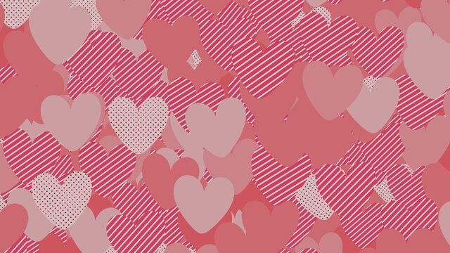Multicolored Heart pattern background. Valentine Wallpaper with Pink, Striped and Polka Dot love hearts.