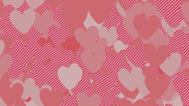 Multicolored Heart pattern background. Valentine Wallpaper with Pink, Striped and Polka Dot love hearts.