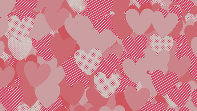 Multicolored Heart pattern background. Valentine Wallpaper with Pink, Striped and Polka Dot love hearts.