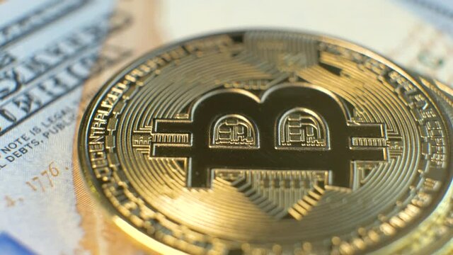 Close up of metal shiny bitcoin crypto currency.