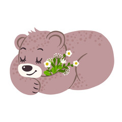 Sleeping baby bear with bouquet of flowers, vector illustration