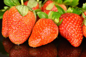 Bright red ripe strawberries with green ponytail, close-up, on a black background.