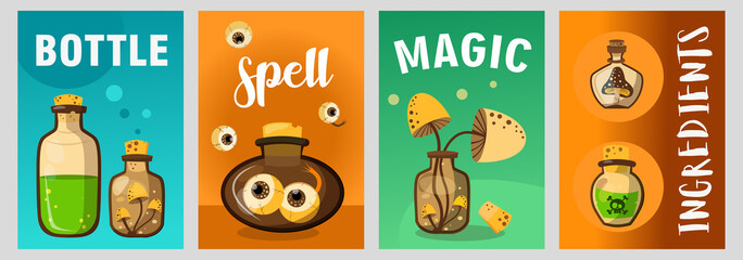 Trendy poster designs with magic potions. Vivid brochures with magical ingredients in bottles on bright background. Witchcraft and spell ingredients. Template for promotional leaflet or flyer