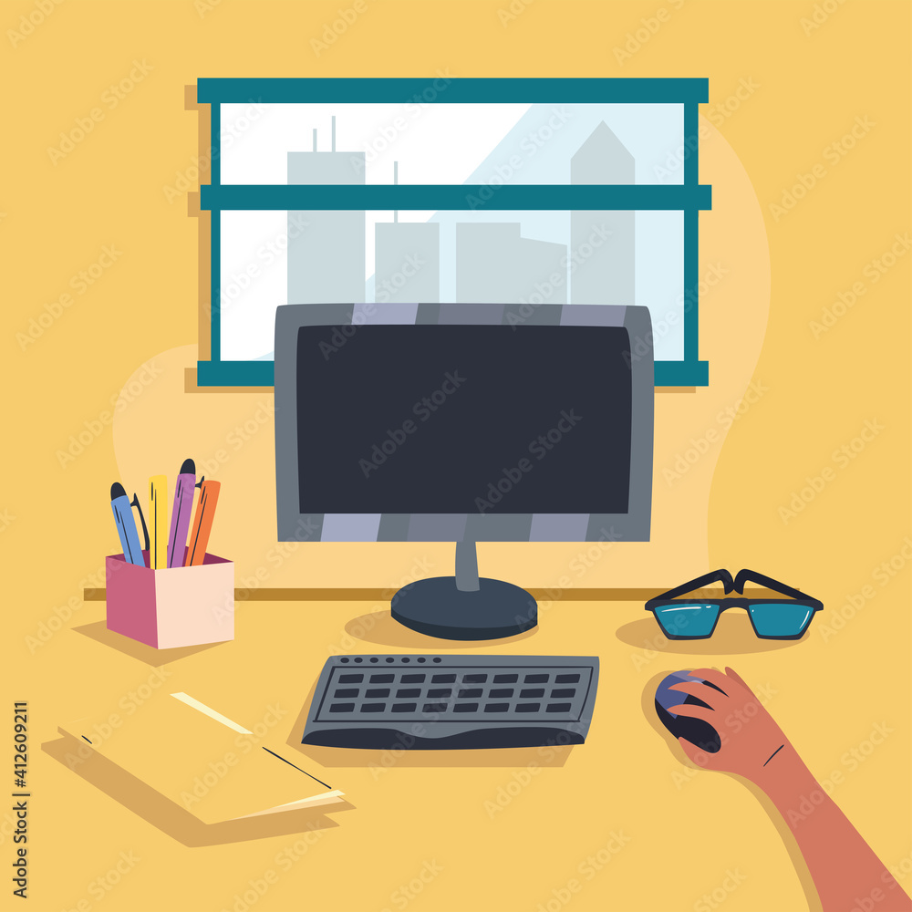 Aufkleber workplace desk with computer in front of window vector design