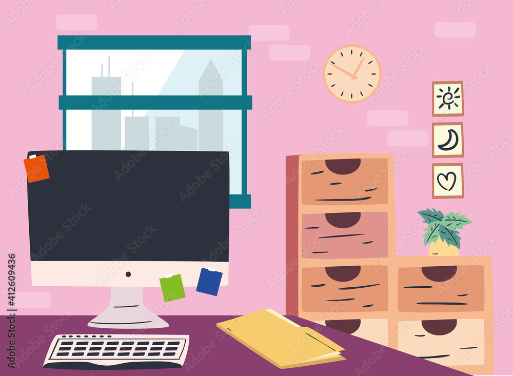 Aufkleber workplace desk with computer file and furniture vector design