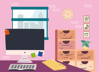 workplace desk with computer file and furniture vector design