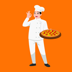 Happy chef cartoon portrait of young big guy cook wearing hat and chef uniform hold plate of delicious pizza and do OK sign gesture. Man cook and Italian food and show to camera. Vector simple design.