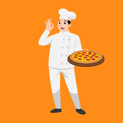 Happy chef cartoon portrait of young big guy cook wearing hat and chef uniform hold plate of delicious pizza and do OK sign gesture. Man cook and Italian food and show to camera. Vector simple design.