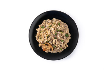 Risotto with mushroom isolated on white background. Top view