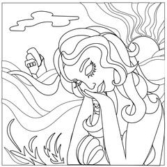 Beautiful crying mermaid in waves, coloring page, black outline on white isolated background, vector mermaid for Anti stress coloring activity, concept of Fairytale, Mythology, Underwater World.
