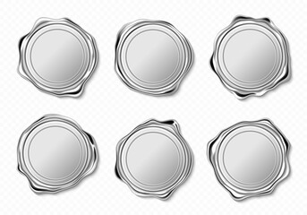 Silver wax seals for letter, guarantee or certificate. Vector realistic set of blank round wax stamps, metal circle label for lock envelope with confidential mail or press quality sign
