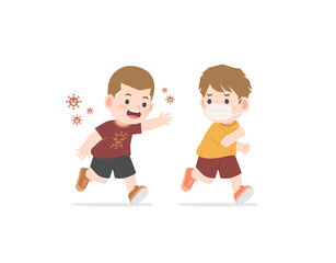 A boy wearing a mask is running away Boy who does not wear a mask, suspected to be infected. illustration cartoon character vector design on white background. Health care concept.